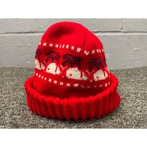 Vintage 1980s Red Fair Isle Whale Knit Beanie Hat Winter Hat Novelty Small